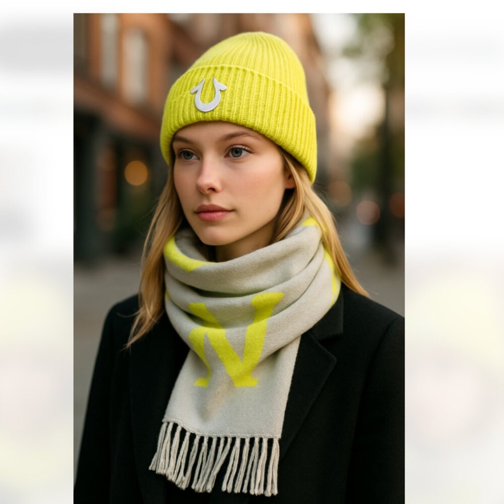 NWT True Religion Neon Yellow Hat and Scarf Set All Over Logo Fringe Comfy